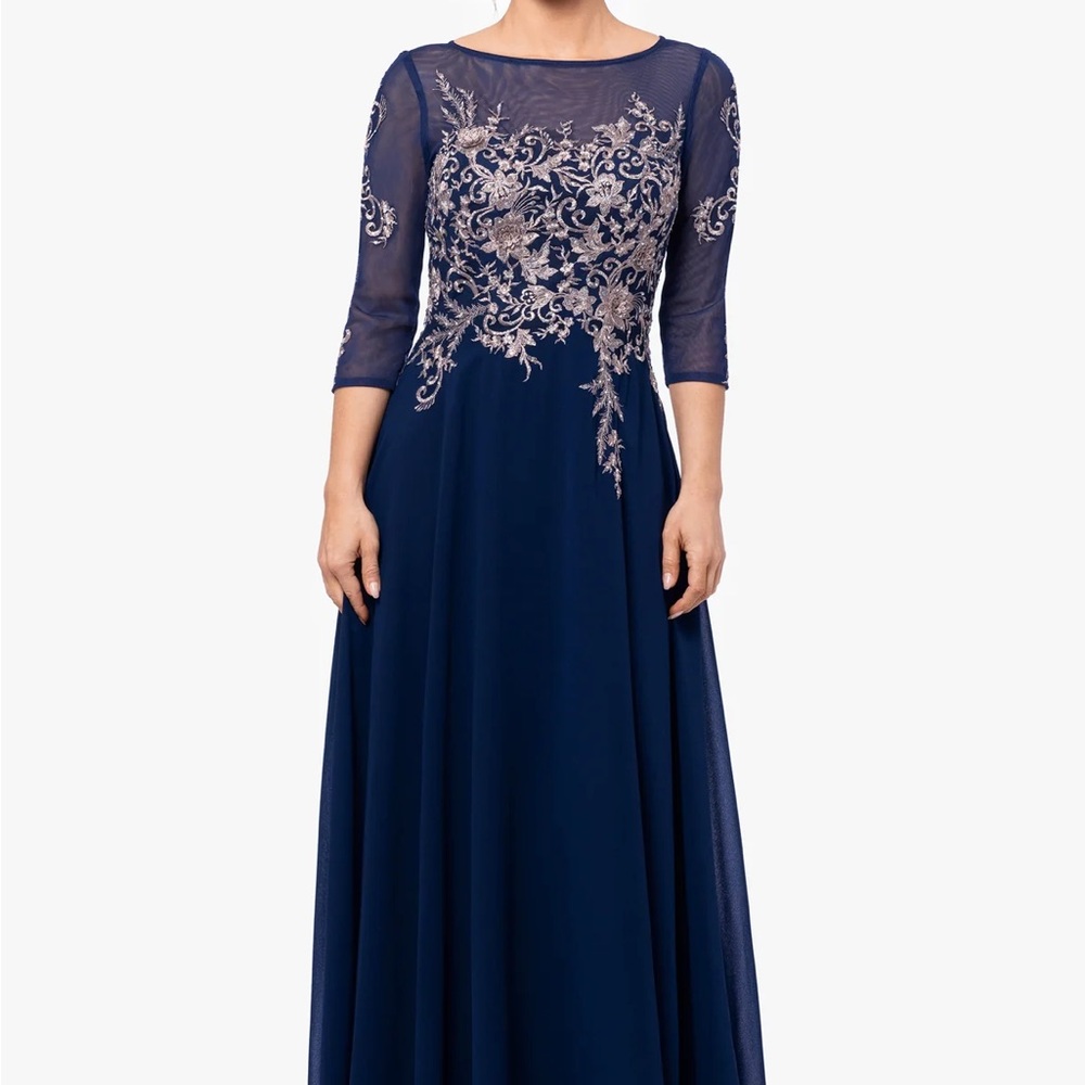Betsy & Adam Asymmetrical Blue Silver Embellished Gown